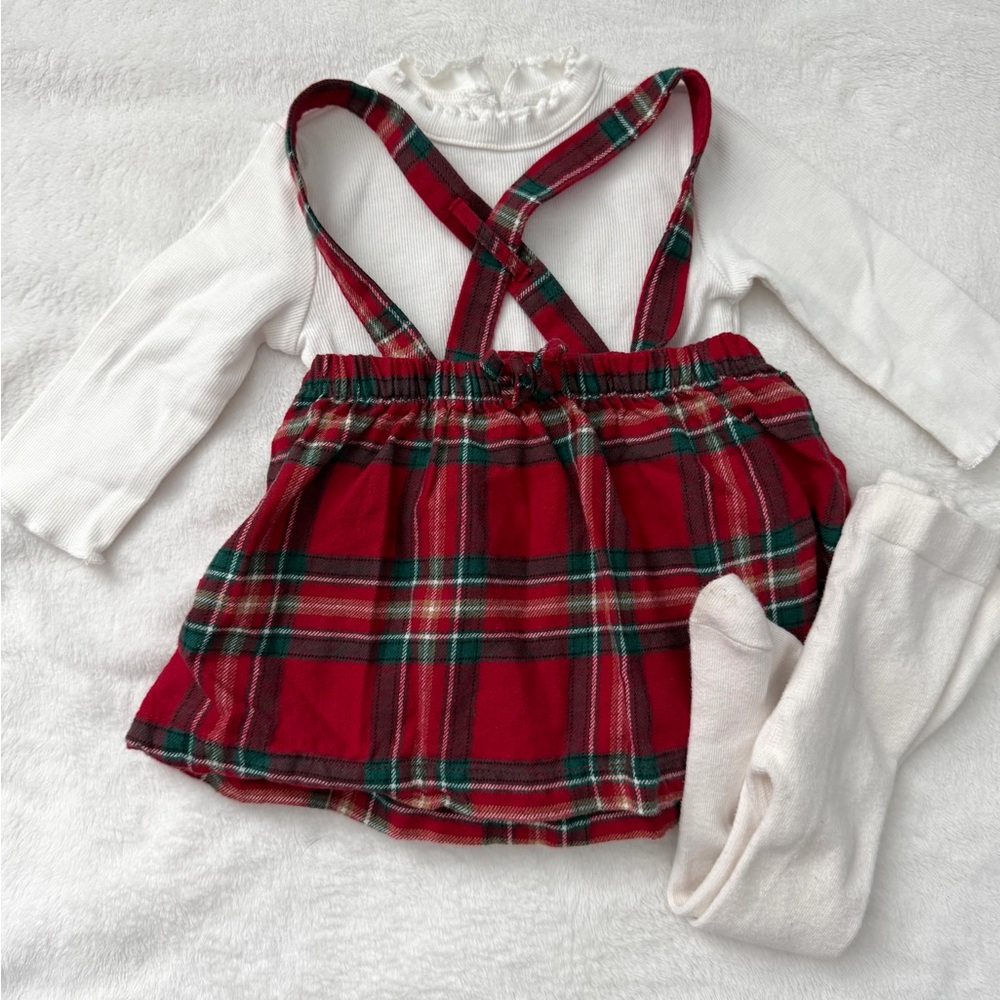Carters Plaid Red and Green dress with white onesie and stockings